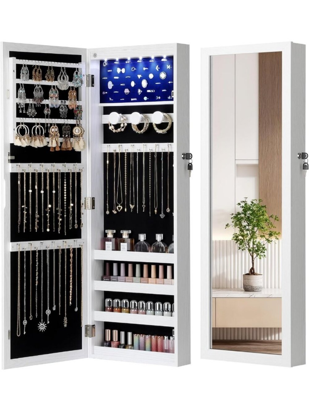 Elegant White Jewelry Armoire with 6 LED Lights & Hanging Mirror - Stylish